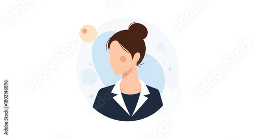 Stylized illustration of a woman in a business suit with her hair in a bun, set against abstract shapes.