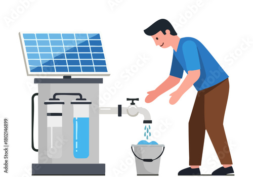 A man collects water from a solar-powered water purifier. Clean water flows into a bucket. Modern, sustainable design. Ideal for illustrating water conservation.