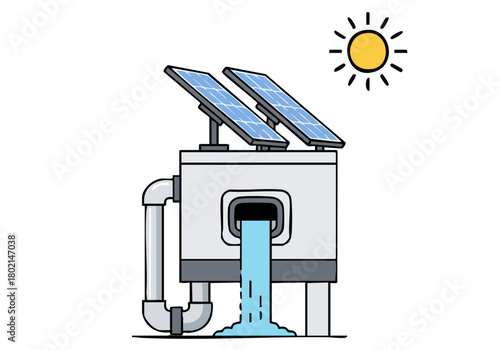 Solar water heater illustration. Bright sun shines on photovoltaic panels, feeding water into a tank. Clean, modern design. Ideal for sustainability and renewable energy concepts.
