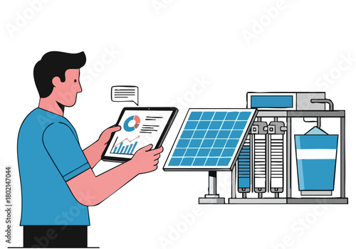 A young professional monitors solar diesel output via tablet, showcasing sustainable energy management. Modern illustration with a bright, clean aesthetic.