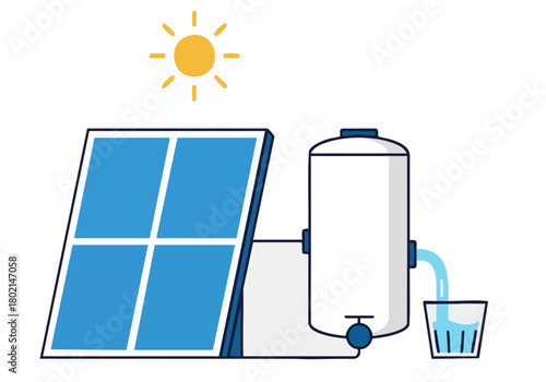 Solar water heating system illustration. A solar panel powers a water tank, delivering clean water. Clean, modern design. Eco-friendly concept.