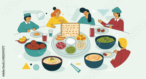 People gathered around a table for a Passover Seder meal with symbolic foods.