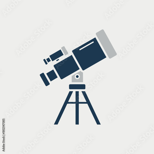 A flat vector icon of a telescope on a tripod for stargazing and astronomy, isolated on a light grey background.
