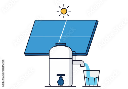 A solar-powered water pump delivers clean water into a glass. Illustrative, modern design showcasing sustainable technology and fresh water. Eco-friendly concept.