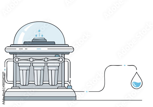 stylized illustration depicts a simple water purification system with a clear UI It showcases a modern minimalist design with a droplet output Clean lines and a blue color palette