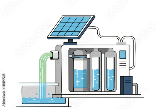 A stylized illustration depicts a solar-powered water filtration system. A man observes the process, highlighting sustainable water solutions. Clean lines and a modern aesthetic.