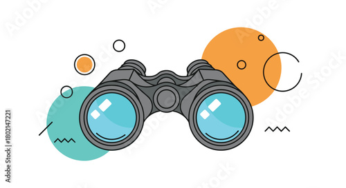 Illustration of binoculars surrounded by abstract shapes and circles on a white background.