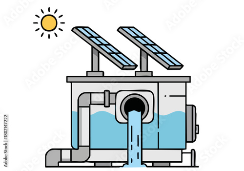 A stylized illustration depicts a solar-powered water system, showcasing sustainable water management. Bright colors and a clean design highlight the concept of smart water solutions.