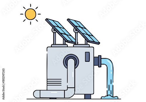 A stylized illustration depicts a solar-powered water pump delivering water, showcasing sustainable technology. Bright, clean lines and a modern aesthetic.