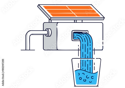 A stylized illustration depicts solar-powered water purification. Sunlight illuminates panels feeding into a water flow system, delivering water to a container. Clean, modern design.