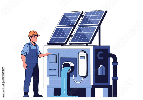 A technician oversees a solar flow system, inspecting equipment with a focused expression. Modern industrial setting with solar panels and pipes. Clean, professional illustration.
