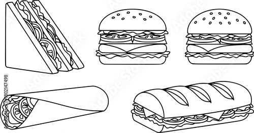 vector illustration of a sandwich, hamburger, wrap, and sub sandwich, vector art 