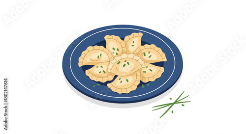 A plate of delicious dumplings garnished with chives on a white background.