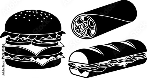 vector illustration of a sandwich, hamburger, wrap, and sub sandwich, vector art 