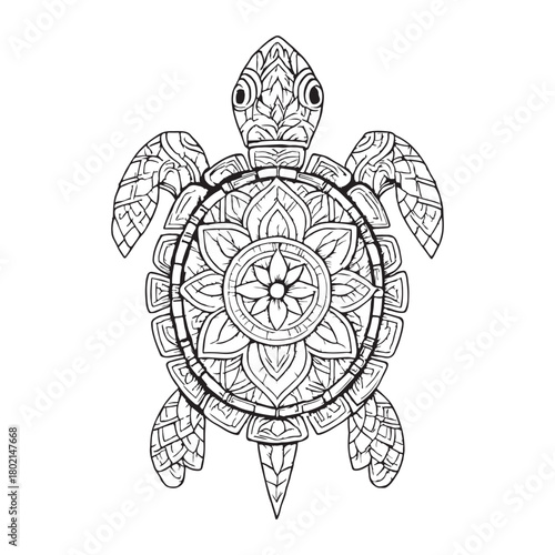 Intricate Mandala Turtle Illustration in Black and White A Detailed Coloring Page Featuring a Floral Pattern and Decorative Design for Relaxation