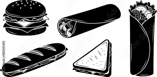 vector illustration of a sandwich, hamburger, wrap, and sub sandwich, vector art 