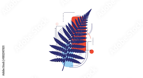 Abstract geometric composition featuring a dark blue fern against a white background.