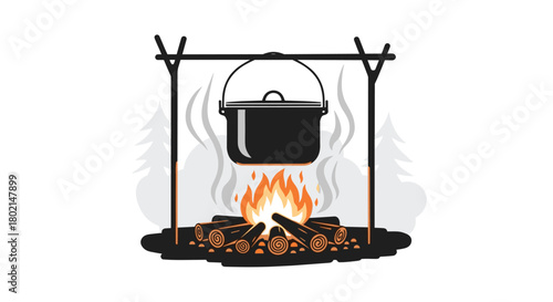 Illustration of a pot boiling over a campfire with smoke and trees in the background.