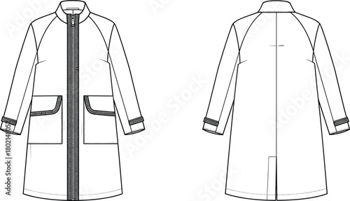 Fashion technical flat sketch of long sleeve women coat with zipper front, patch pockets, collar design, and detailed cuff illustration