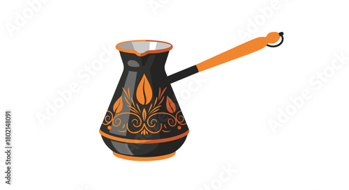 A black cezve with an orange handle and ornate floral design.