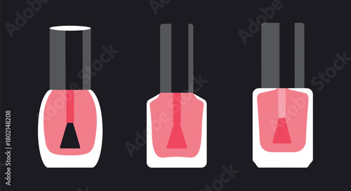 Three stylized illustrations of pink nail polish bottles with black caps and brushes on a dark background.