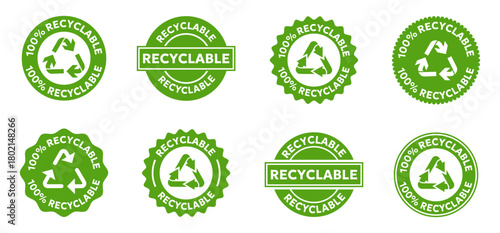 Recyclable badges with bold circular shapes and clear eco friendly symbols. Strong green tones highlight environmental safety and material reuse