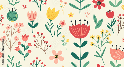 Leaf and flowers, seamless pattern on white background,Vintage vector print seamless pattern with floral on half white background.