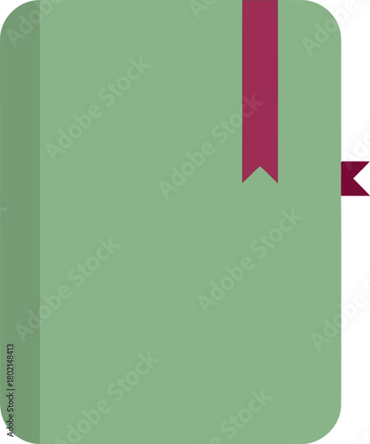 Minimalist flat icon of a closed green book with a pink ribbon bookmark.