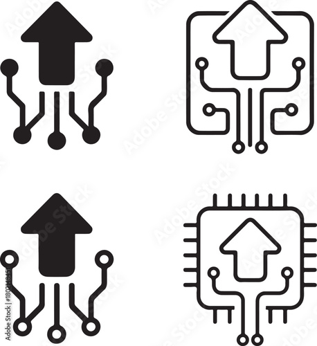 Isolated Upload Circuit Icons black vector set, cloud upload icons, data transfer tech symbols, minimal outline filled thin stroke, digital circuit connections, smart chip design vector
