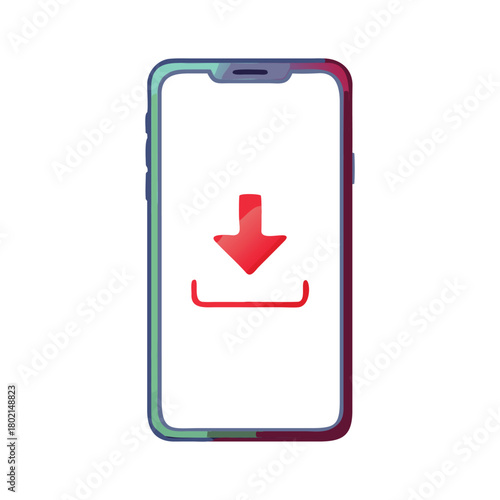 Illustration of a smartphone with a download symbol on its screen, , representing data transfer and mobile app installation concept