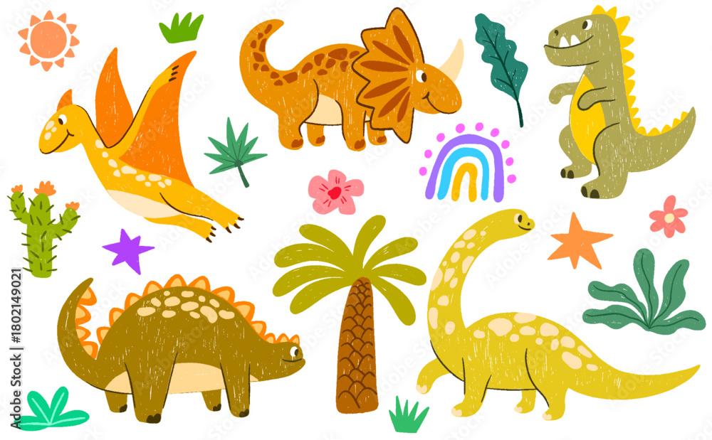 Fototapeta premium Crayon cute dinosaurs set. Hand drawn doodle kids color pencil dino illustration. Sketch chalk flower, sun, animals, palms, cactus, rainbow. Vector naive scribble funny prehistorical characters