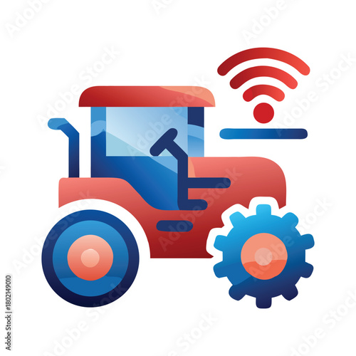 A colorful illustration of a smart tractor with a wifi symbol and a gear, the tractor is red and blue