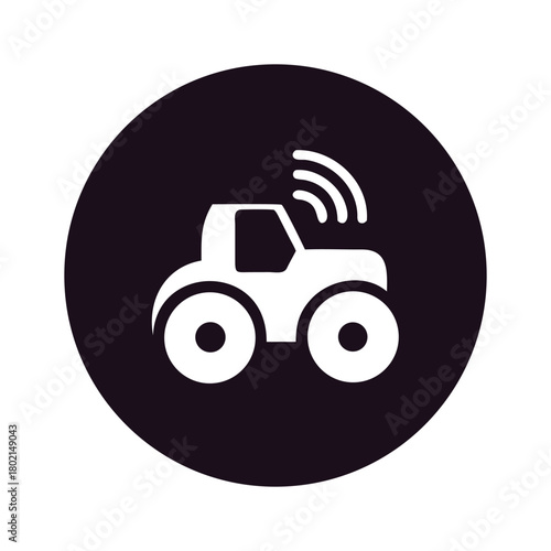 A white icon of a smart tractor with a wifi symbol on a dark purple circle, the tractor is simple and modern