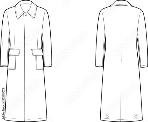 Long sleeve trench coat technical flat sketch, front and back view, vector fashion CAD design template, detailed clothing illustration, outerwear garment drawing