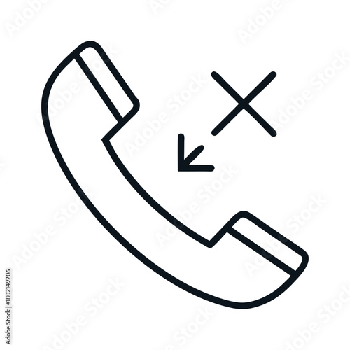 Missed call icon symbol of a phone receiver with a cross and an arrow pointing down concept of unanswered call, rejection, or disconnection
