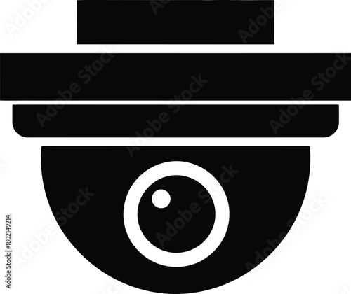 Simple black and white icon of a security camera focused on surveillance