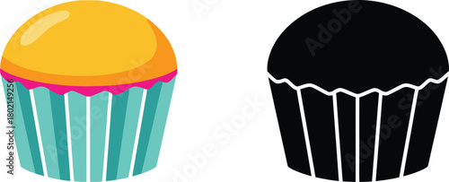Colorful cupcake and its silhouette illustration with detailed liner design