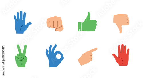 Colorful flat hand gesture icons for communication and social media