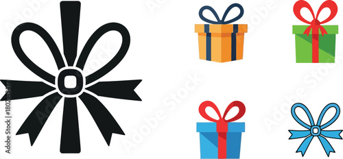 Collection of colorful gift boxes and decorative ribbon bow illustrations