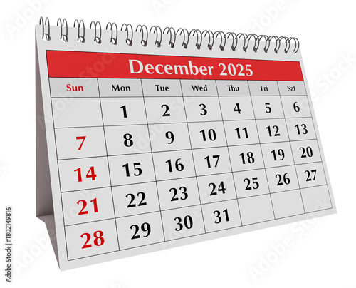 December 2025 calendar. Page of annual business desk month autumn calendar isolated on transparent