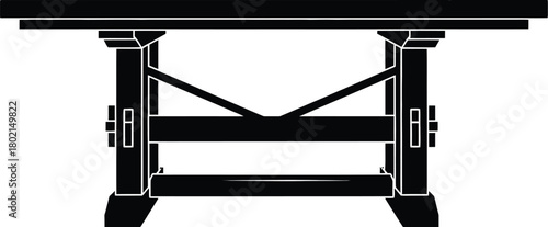 A simple black and white illustration of a wooden trestle table design