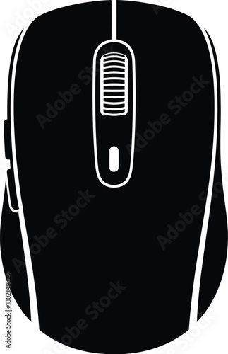 A sleek black computer mouse with a modern ergonomic design is displayed