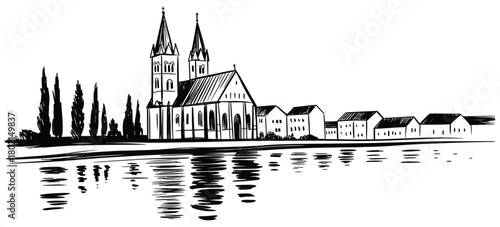 Gothic cathedral town skyline by river illustration, clean line art featuring medieval buildings, cathedral spires, and waterfront scenery, ideal for tourism graphics, architectural presentations, and