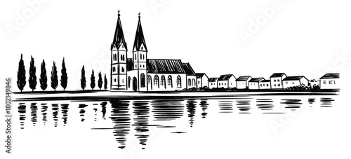 Gothic cathedral town skyline by river illustration, clean line art featuring medieval buildings, cathedral spires, and waterfront scenery, ideal for tourism graphics, architectural presentations, and