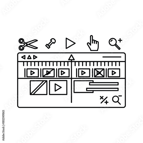 Video editing software interface outline icon with timeline, play controls, cut, zoom and selection tools, multimedia production