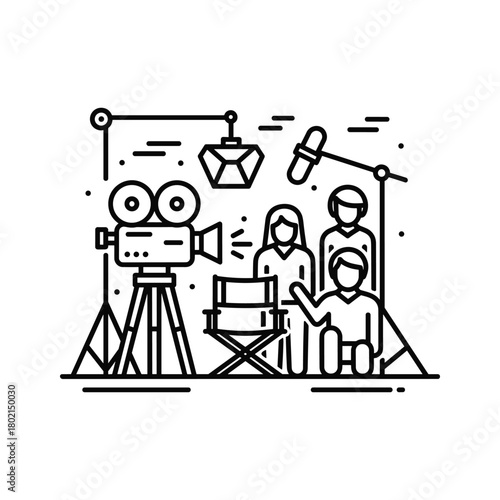 Line art illustration depicting a film production set with camera, lights, microphone, director&#039;s chair, and crew members.