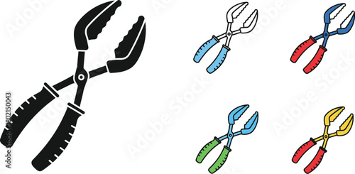 A set of pliers in various colors and styles shown in an illustration