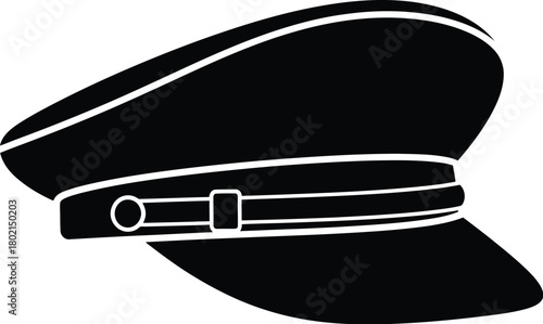 A simple black and white illustration of a classic captain s hat design