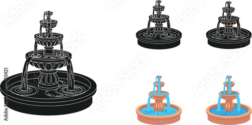 Isometric illustrations of decorative tiered fountains in various styles and colors