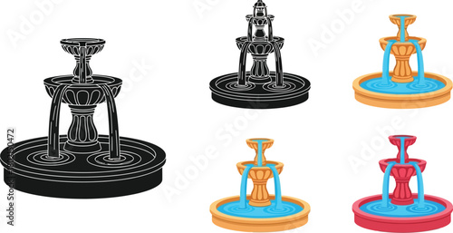 Variations of a tiered fountain design in different color schemes